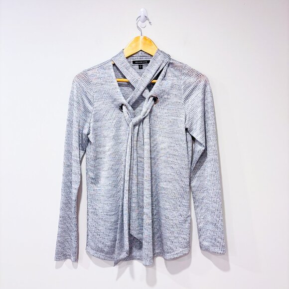 MELANIE LYNE Silver Metallic Tie-Front Top Shimmery Long Sleeve | Small * - Picture 1 of 8